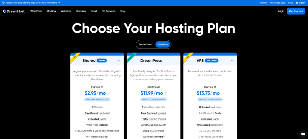 DreamHost Choose Your Hosting Plan